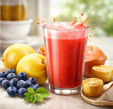 다양한 딸기즙 제품과 원재료 함량 비교를 표현한 이미지