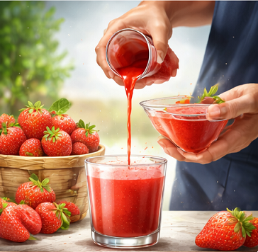 다이어트와 체중 관리를 위해 딸기즙을 마시는 여성 이미지