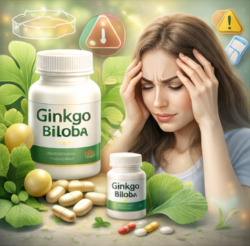 두통과 어지럼증 같은 부작용 주의사항을 표현한 은행잎추출물 일러스트