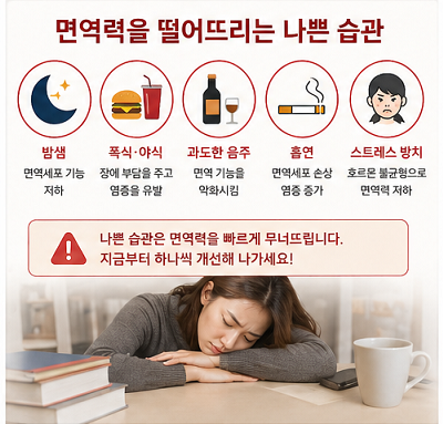 면역력 떨어뜨리는 습관 밤샘 폭식 음주 흡연 스트레스 설명