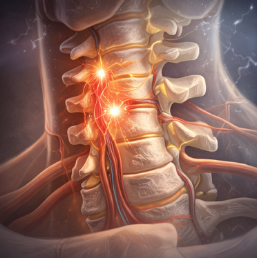 목 디스크로 인해 신경이 눌리면서 손 저림이 발생하는 구조 이미지