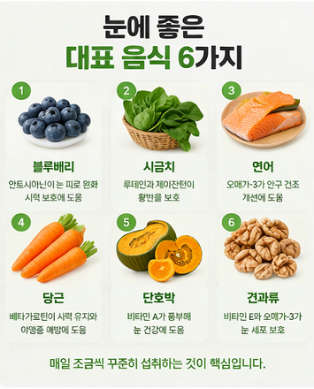 블루베리, 시금치, 연어, 당근 등 눈 건강에 좋은 대표 음식 6가지를 소개하는 인포그래픽
