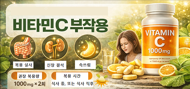 속쓰림과 복통을 표현한 비타민C 과다복용 부작용 이미지 속쓰림과 복통을 표현한 비타민C 과다복용 부작용 이미지