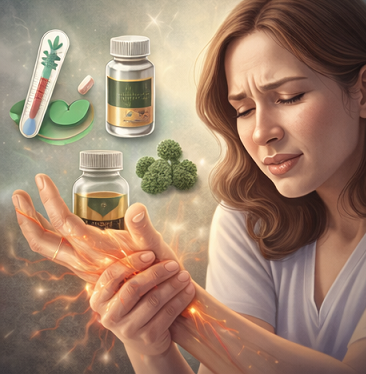 손 저림 증상과 함께 영양제 및 관리 방법을 고민하는 여성 이미지