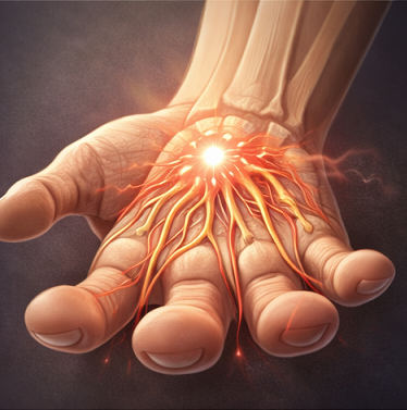 손바닥 신경과 혈관이 자극되어 저림이 나타나는 손목터널 증후군 모습