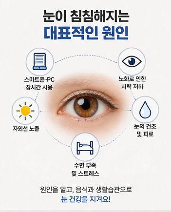 스마트폰 사용, 수면 부족, 안구건조증 등 눈이 침침해지는 대표 원인을 설명하는 인포그래픽