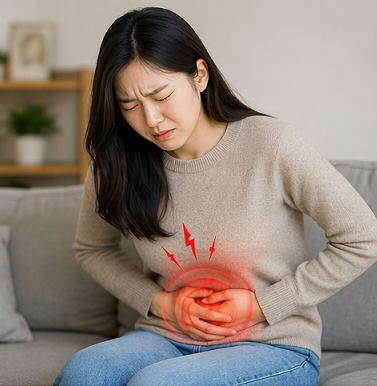 스트레스로 배를 잡고 통증을 느끼는 여성