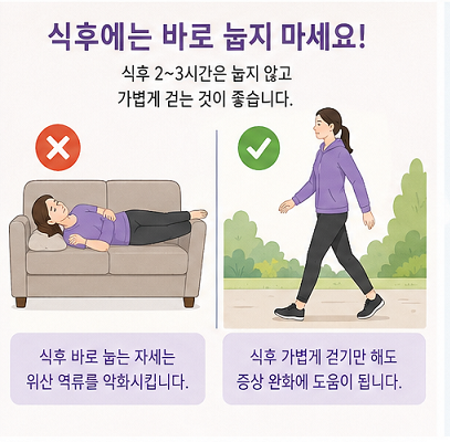 식후 바로 눕기 위험성과 걷기 효과 역류성 식도염 예방 생활습관 이미지
