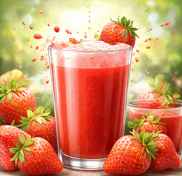 신선한 딸기와 딸기즙 한 잔이 놓인 건강 음료 이미지
