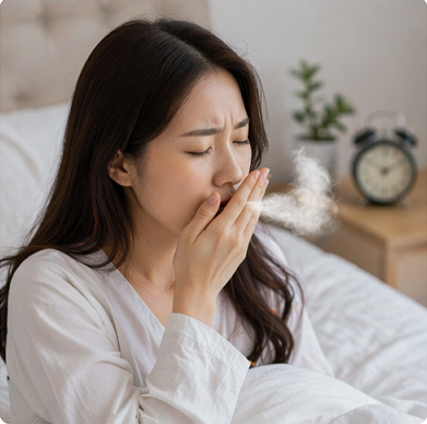 아침에 일어나 입냄새를 느끼며 불편해하는 여성의 모습