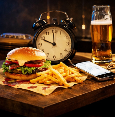 야식과 음주 습관을 보여주는 늦은 밤 식사 장면