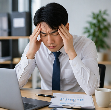 업무 스트레스로 두통과 긴장을 느끼는 직장인