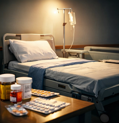 위장 질환 치료를 연상시키는 병실과 약품