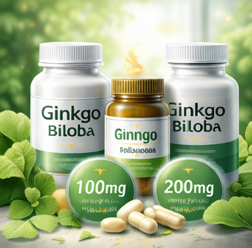 은행잎추출물 복용량과 다양한 제품 형태를 보여주는 건강기능식품 이미지