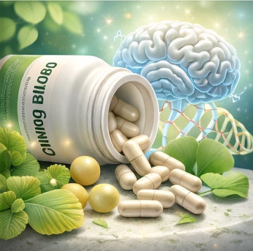 은행잎추출물 캡슐과 뇌 이미지를 함께 표현한 기억력 건강 관련 일러스트