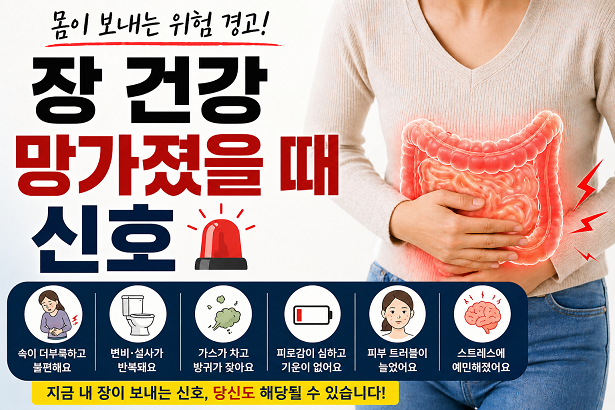 장 건강 망가졌을 때 나타나는 신호 복부 통증 변비 설사 가스 피로 증상 설명 이미지