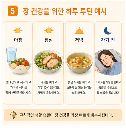 장 건강 회복을 위한 하루 루틴 아침 점심 저녁 수면 습관 관리 이미지"