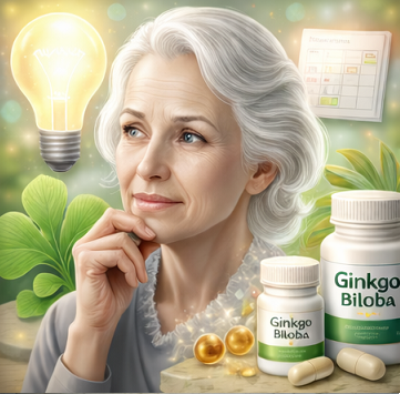 집중력과 두뇌 건강 관리를 상징하는 중장년 여성과 은행잎추출물 효능 이미지
