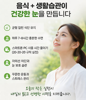 충분한 수면, 균형 잡힌 식사, 눈 보호 습관 등 건강한 눈을 위한 생활습관 이미지