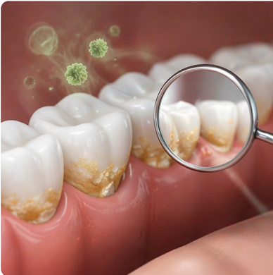 치아와 잇몸 사이 세균과 치석으로 인한 입냄새 발생 장면