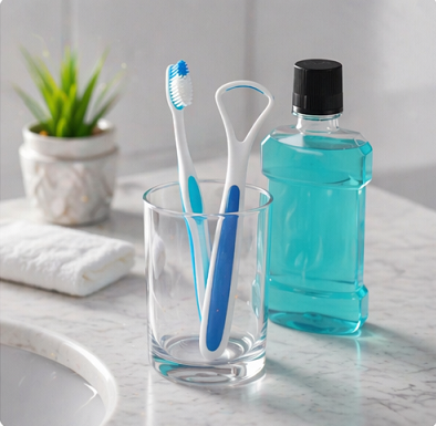 칫솔과 구강청결제로 입냄새를 관리하는 구강 관리 이미지