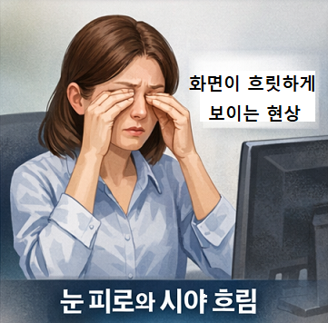컴퓨터 화면을 오래 보며 눈을 비비는 직장인의 눈 피로와 시야 흐림. 눈이 자주 침침해지는 모습