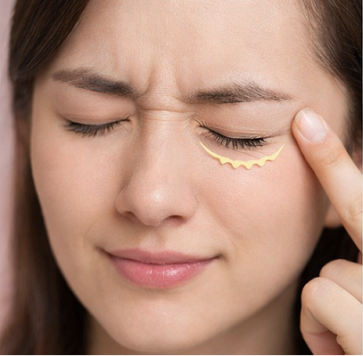 한쪽 아래 눈꺼풀을 손으로 짚으며 눈꺼풀 떨림을 느끼는 여성