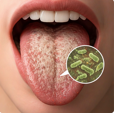 혀 백태와 세균 증식을 확대해 보여주는 구취 원인 이미지