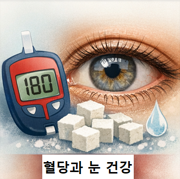 혈당 측정기와 눈 이미지를 통해 혈당과 시야 흐림의 연관성을 표현한 장면 혈당 측정기와 눈 이미지를 통해 혈당과 시야 흐림의 연관성을 표현한 장면
