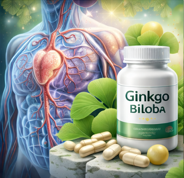혈액순환과 심혈관 건강을 상징적으로 보여주는 은행잎추출물 이미지