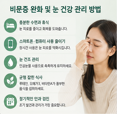 눈 건강 관리와 비문증 완화 방법을 소개하는 생활관리 인포그래픽