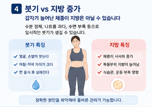 붓기와 지방 증가 차이를 비교 설명하는 체중 변화