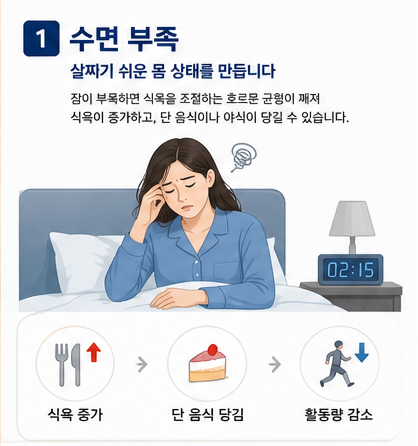 수면 부족이 식욕 증가와 체중 증가에 영향을 주는 과정