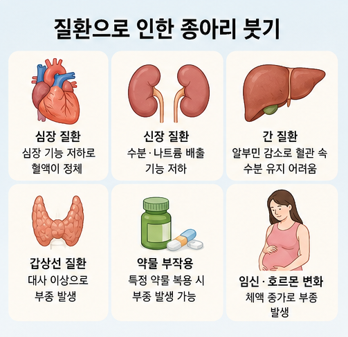 심장질환, 신장질환, 간질환, 갑상선질환 등 질환으로 발생하는 종아리 붓기 원인을 정리한 이미지