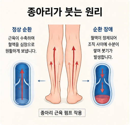 종아리가 붓는 원리와 종아리 근육의 혈액순환 펌프 작용을 이해하기 쉽게 설명한 이미지